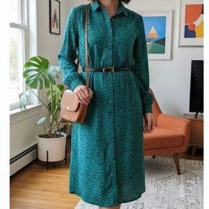Vintage La Chemise Green & Black Chevron Herringbone Midi Shirt Dress 10P